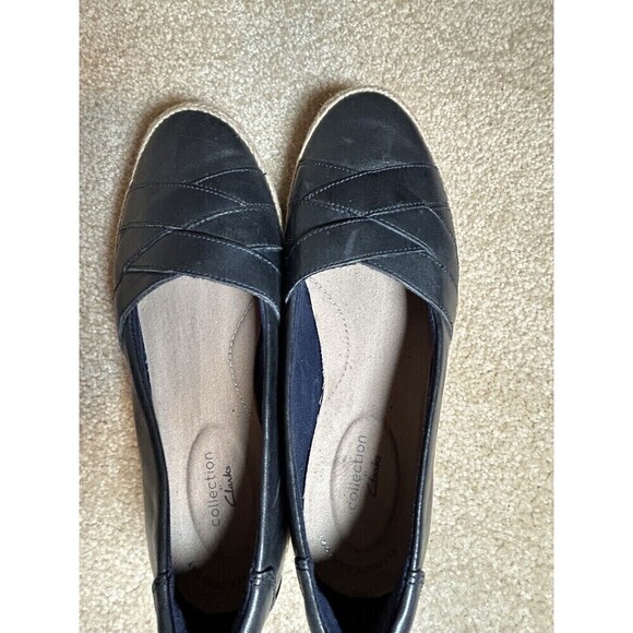 CLARKS 7.5M Danelly Shine Jute Woven Leather Flats Loafer Dark Navy - Picture 7 of 10